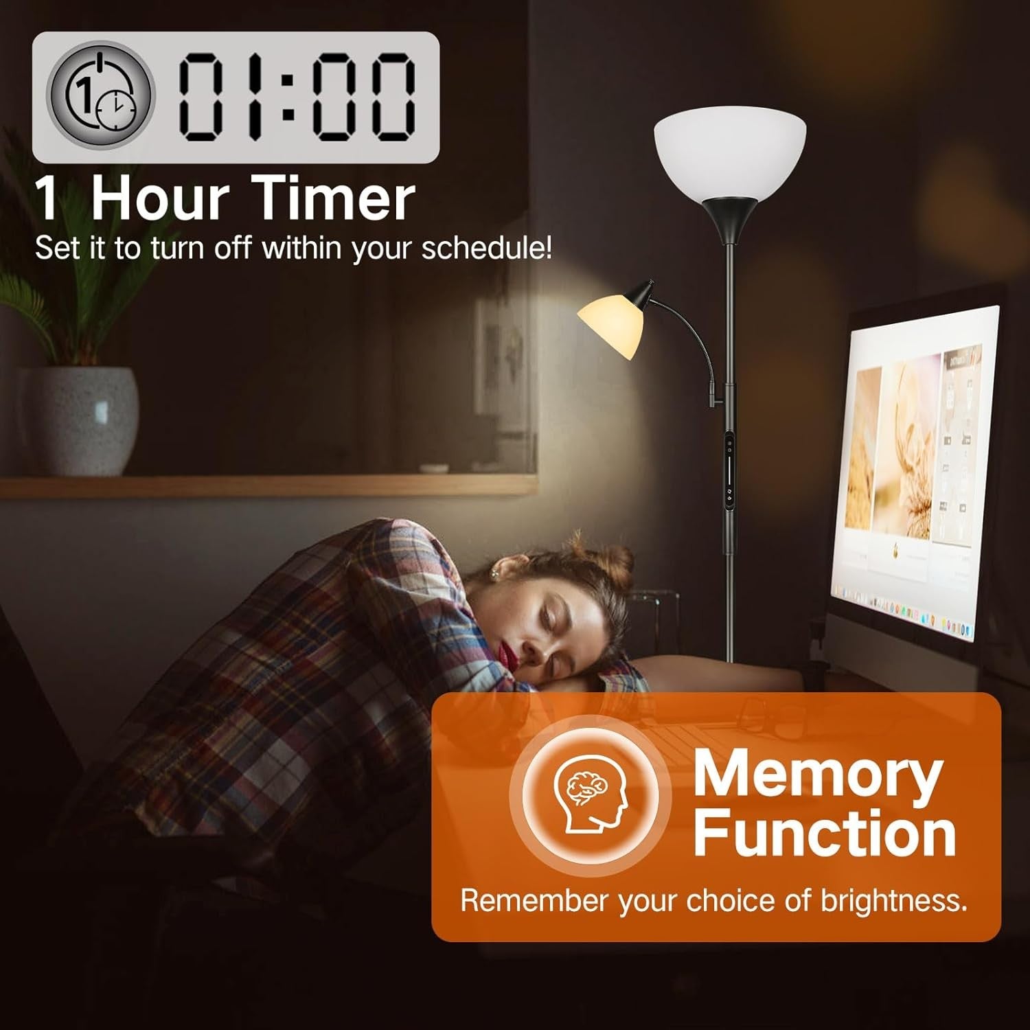 LED Dimmable Floor Lamp Touch Remote Uplighter Reading Light Tall Black