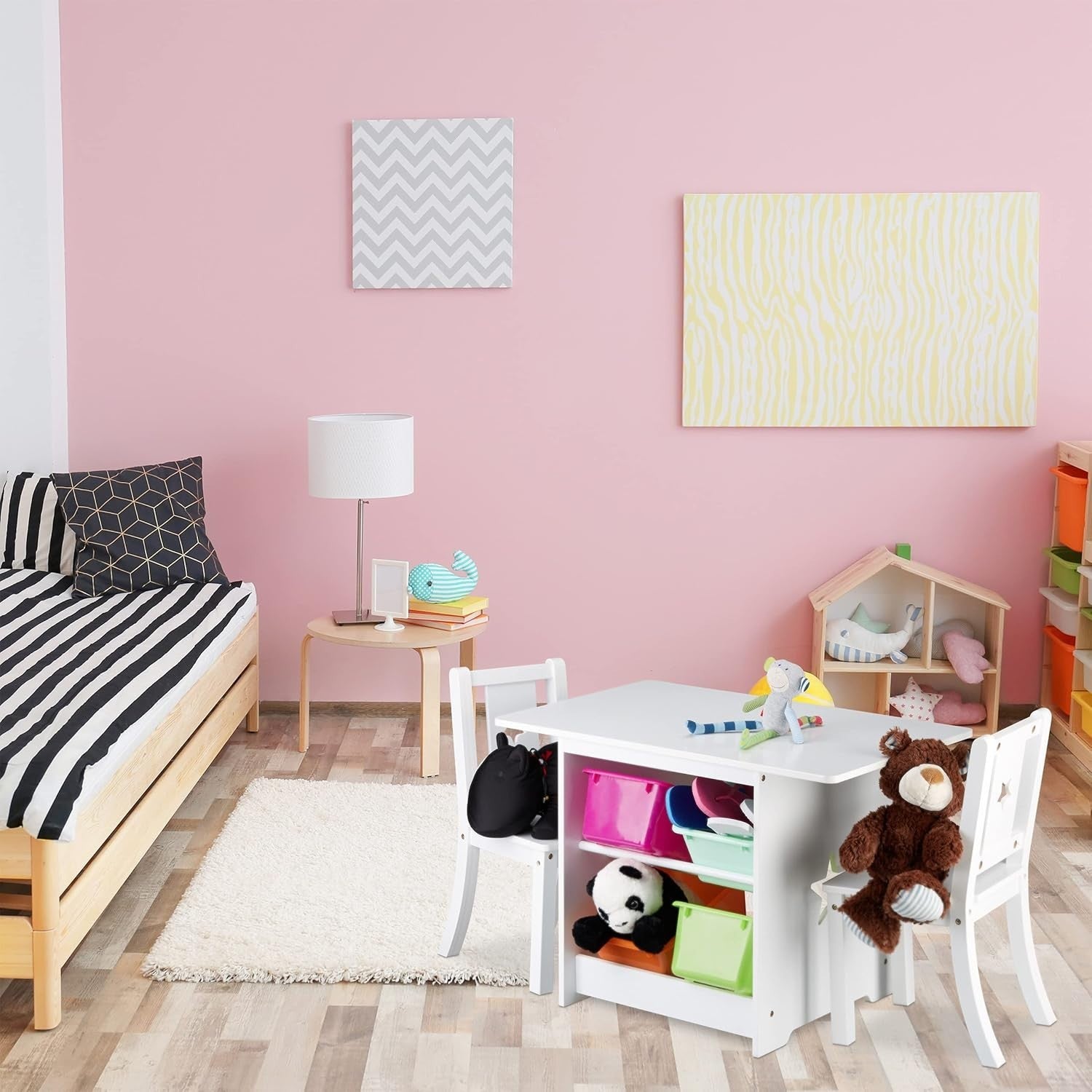 Kids Wooden Table & Chairs Set with Storage, White, Star Cutouts, Durable
