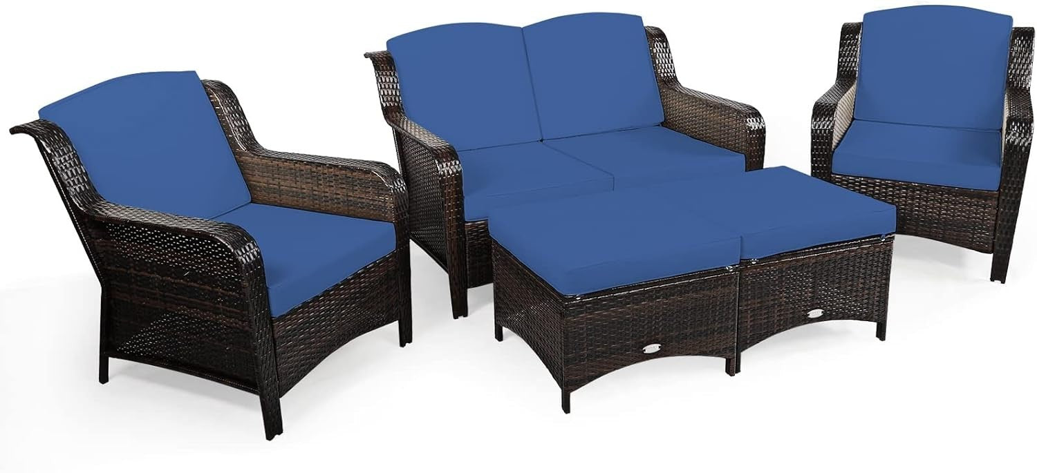 5pc Rattan Garden Sofa Set Navy Blue | Outdoor Patio Seats & Ottomans