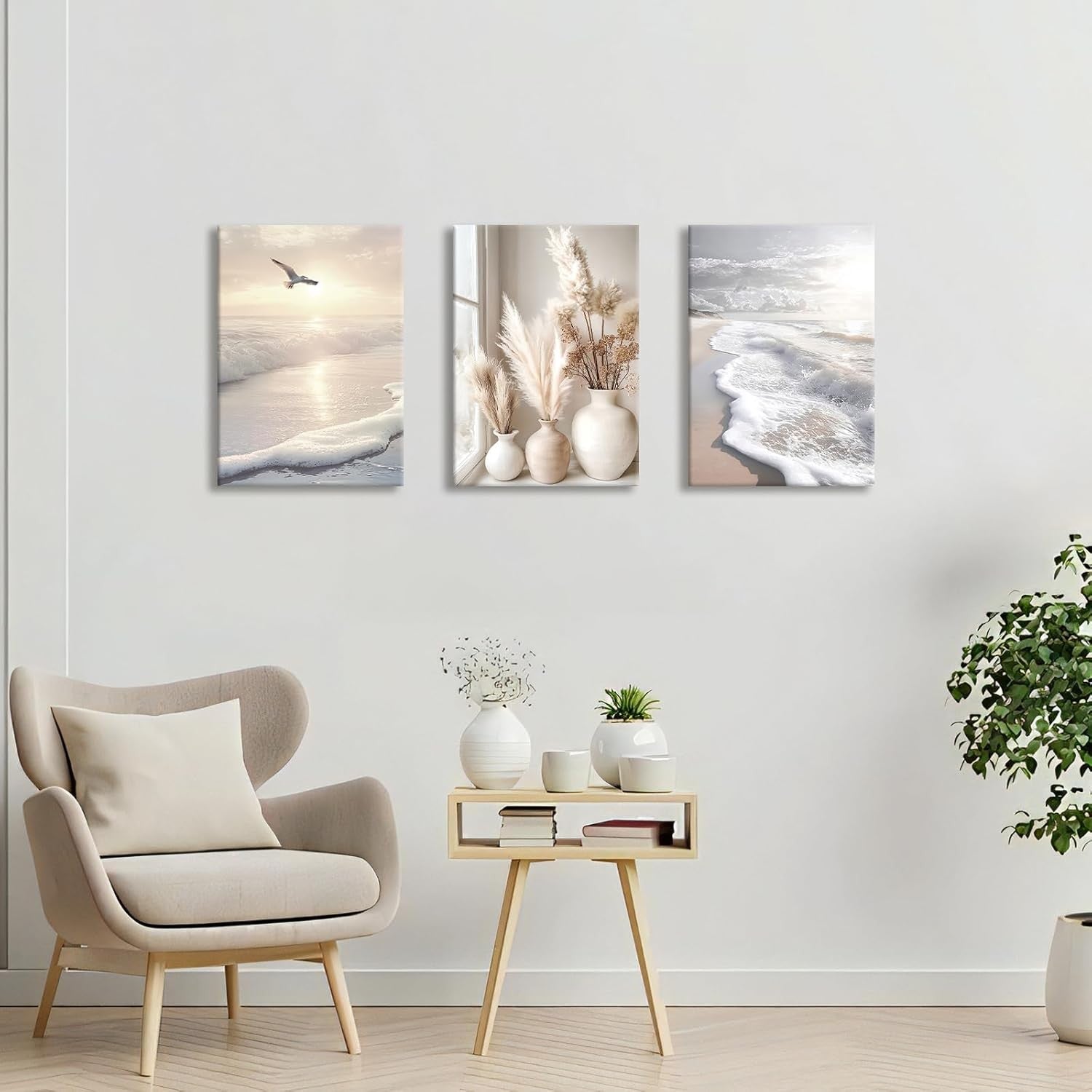 Boho Beach Canvas Wall Art Set 3 Beige Pampas Landscape Framed Prints 40x60cm
