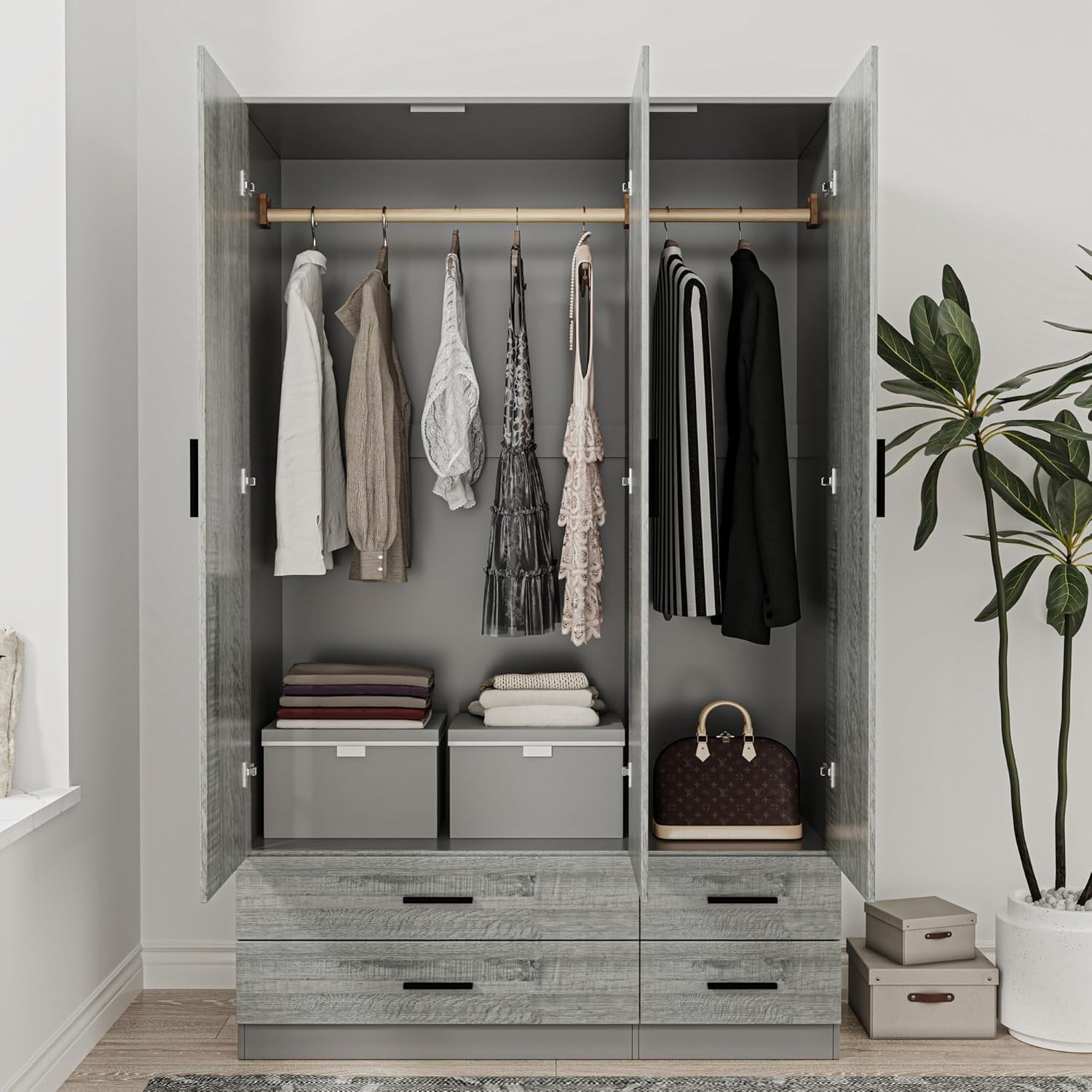 3 Door 4 Drawer Wardrobe with Hanging Rail Bedroom Storage Grey & Ash Grey