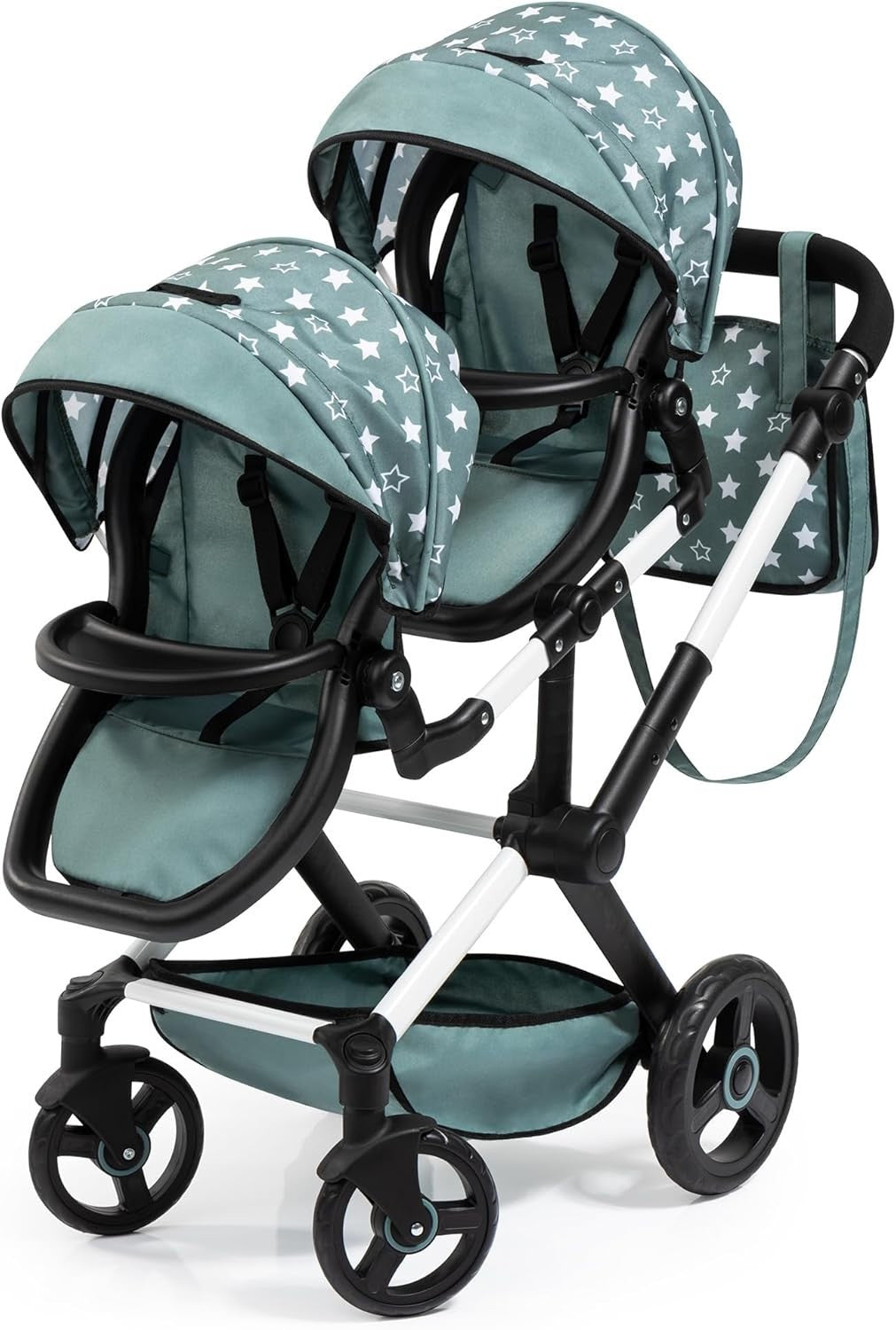 Twin Doll Pram Tandem Stroller Adjustable Reversible Handle Bag Green