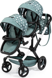 Twin Doll Pram Tandem Stroller Adjustable Reversible Handle Bag Green