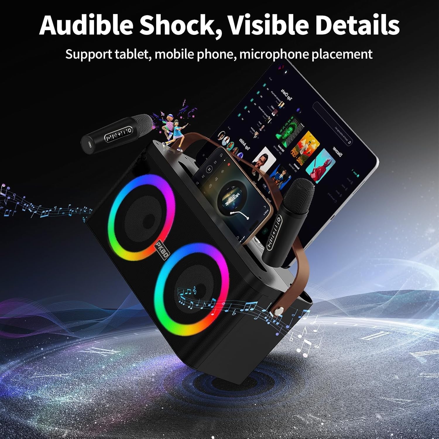Bluetooth Karaoke Machine with 2 Wireless Mics LED PA Speaker