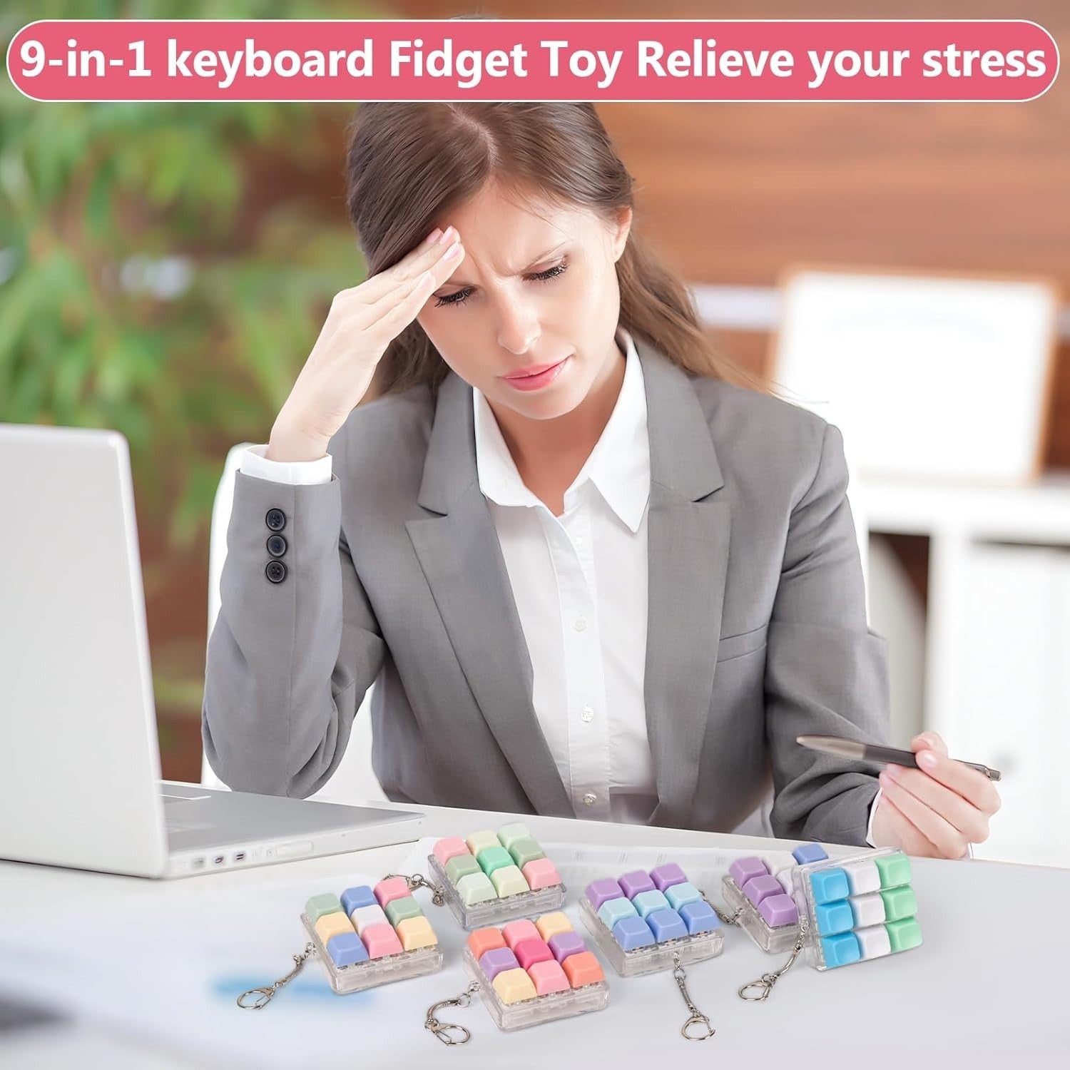 2 Pack Keyboard Fidget Clicker Stress Relief Keychain Toy Pink Green