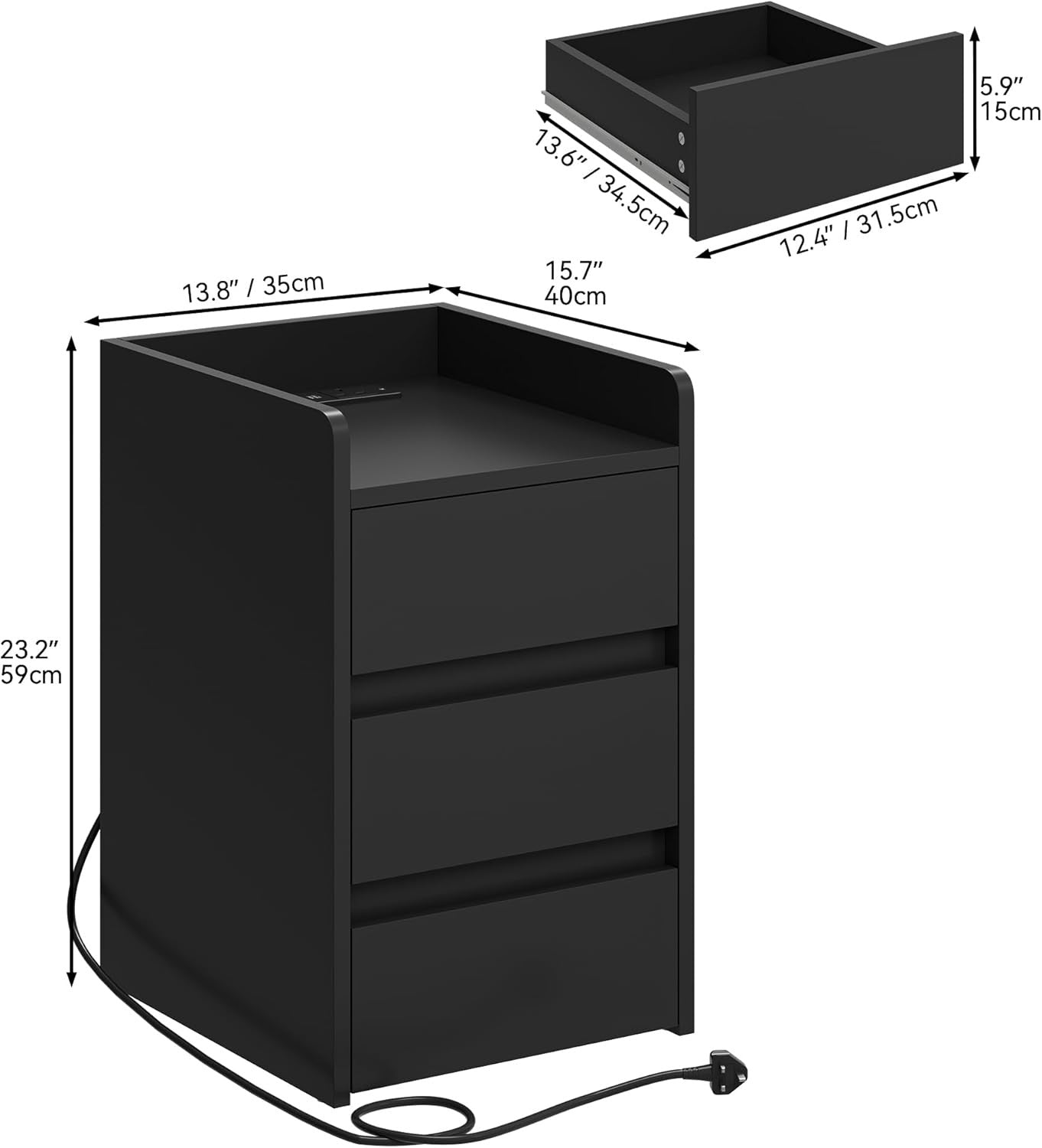 Black Bedside Table with 3 Drawers & Power Station | Modern Nightstand 35×59cm