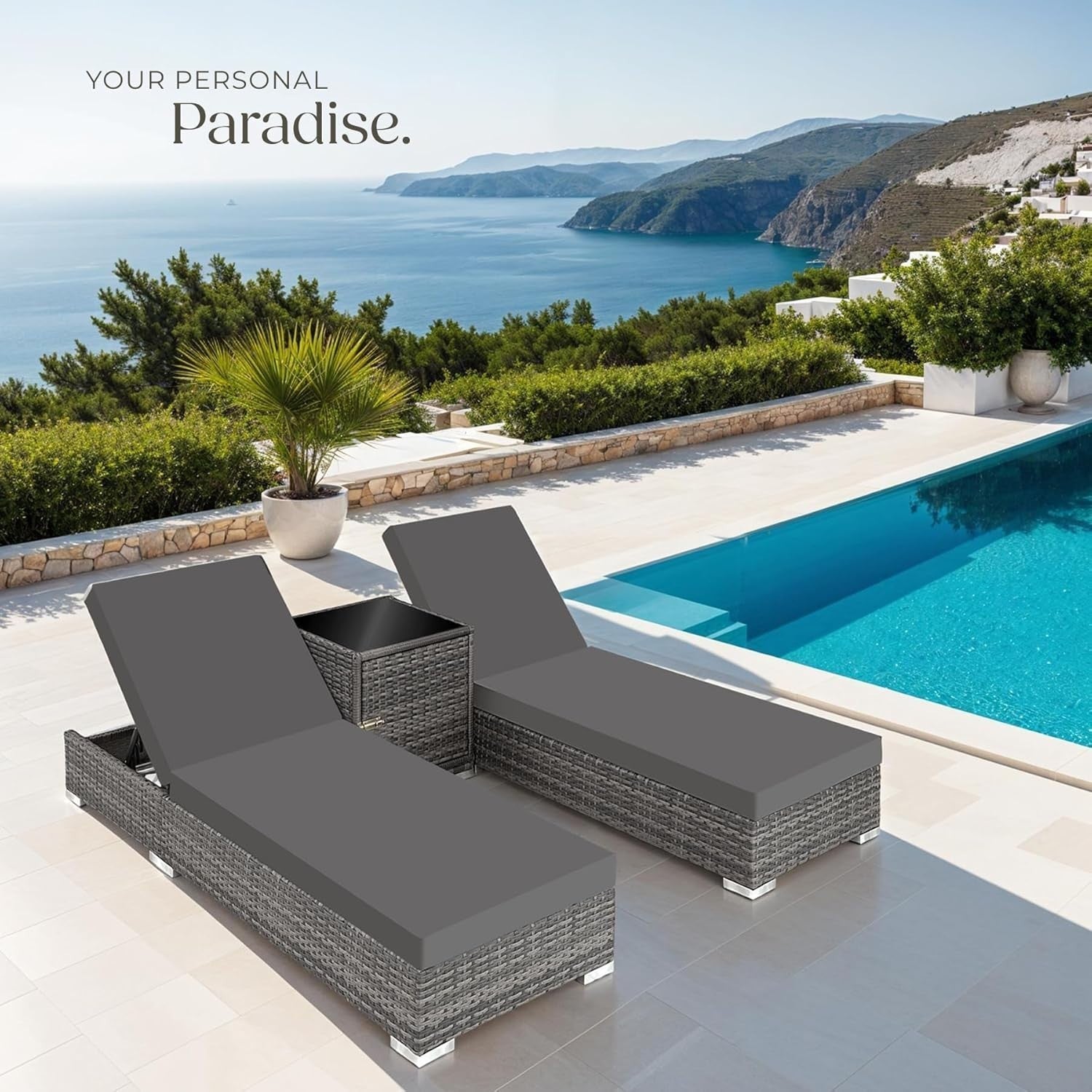 Rattan Sun Loungers Set w/Table Cushions Covers – Reclining Garden Chair