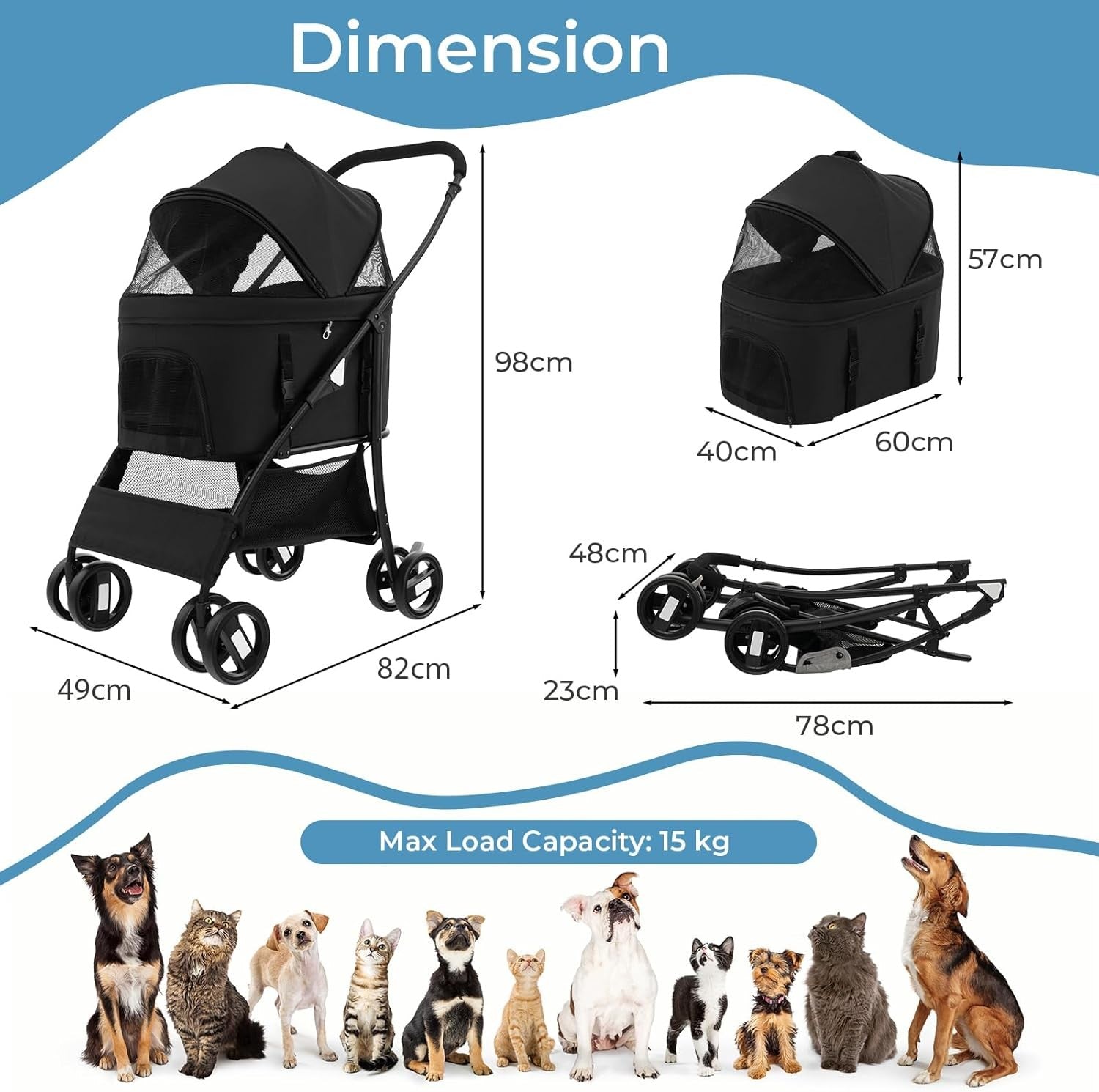 3 in 1 Pet Stroller Folding Cat Pushchair Detachable Carrier 4 Wheel