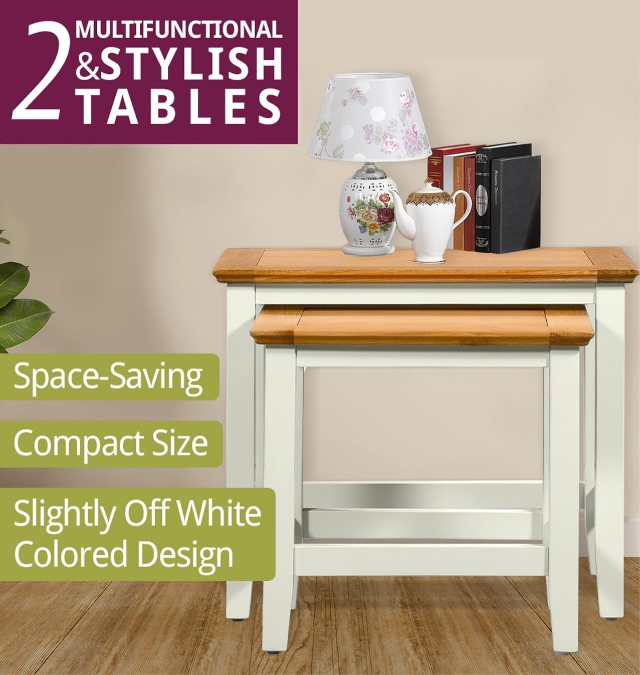 2 Nesting Coffee Tables Set Oak Top White Living Room End Side Table Modern