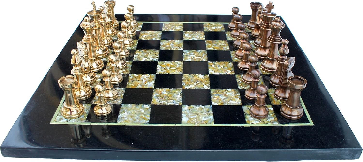 15" Black Marble Chess Set Mother of Pearl Board Brass Pieces Luxury Decor Gift