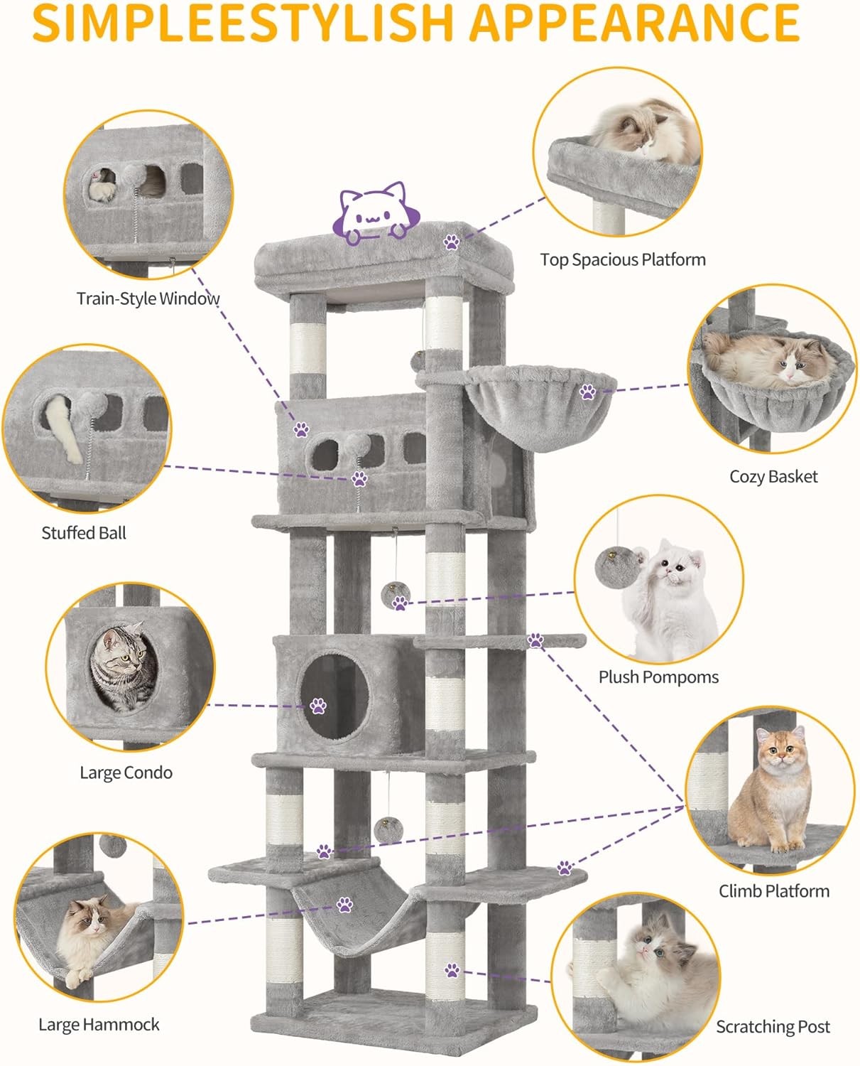 170cm Tall Cat Tree Tower Multi-Level Scratching Posts Condos Large