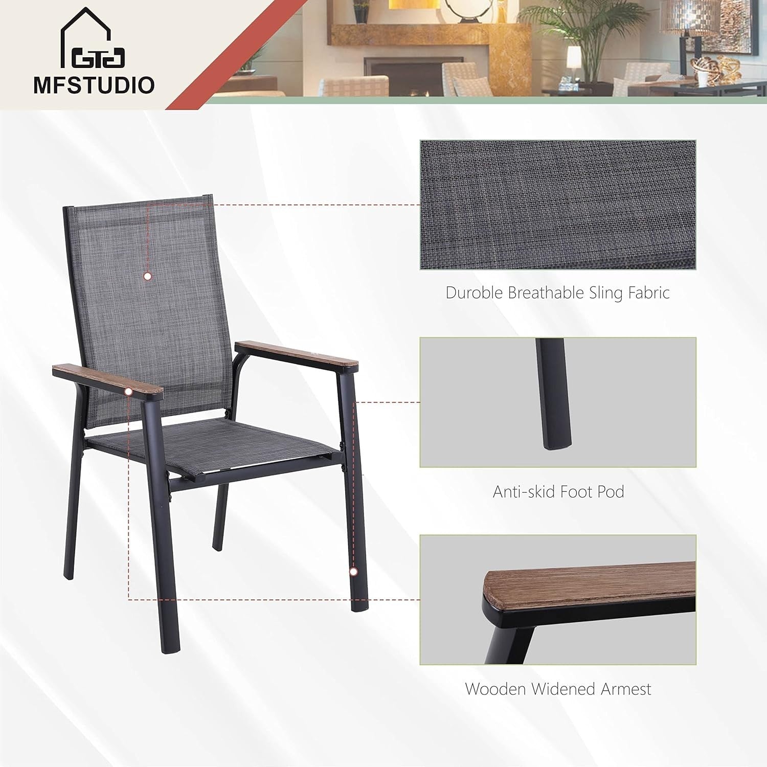 4 Pack Aluminium Patio Dining Chairs Stackable Textilene Garden Seats Grey