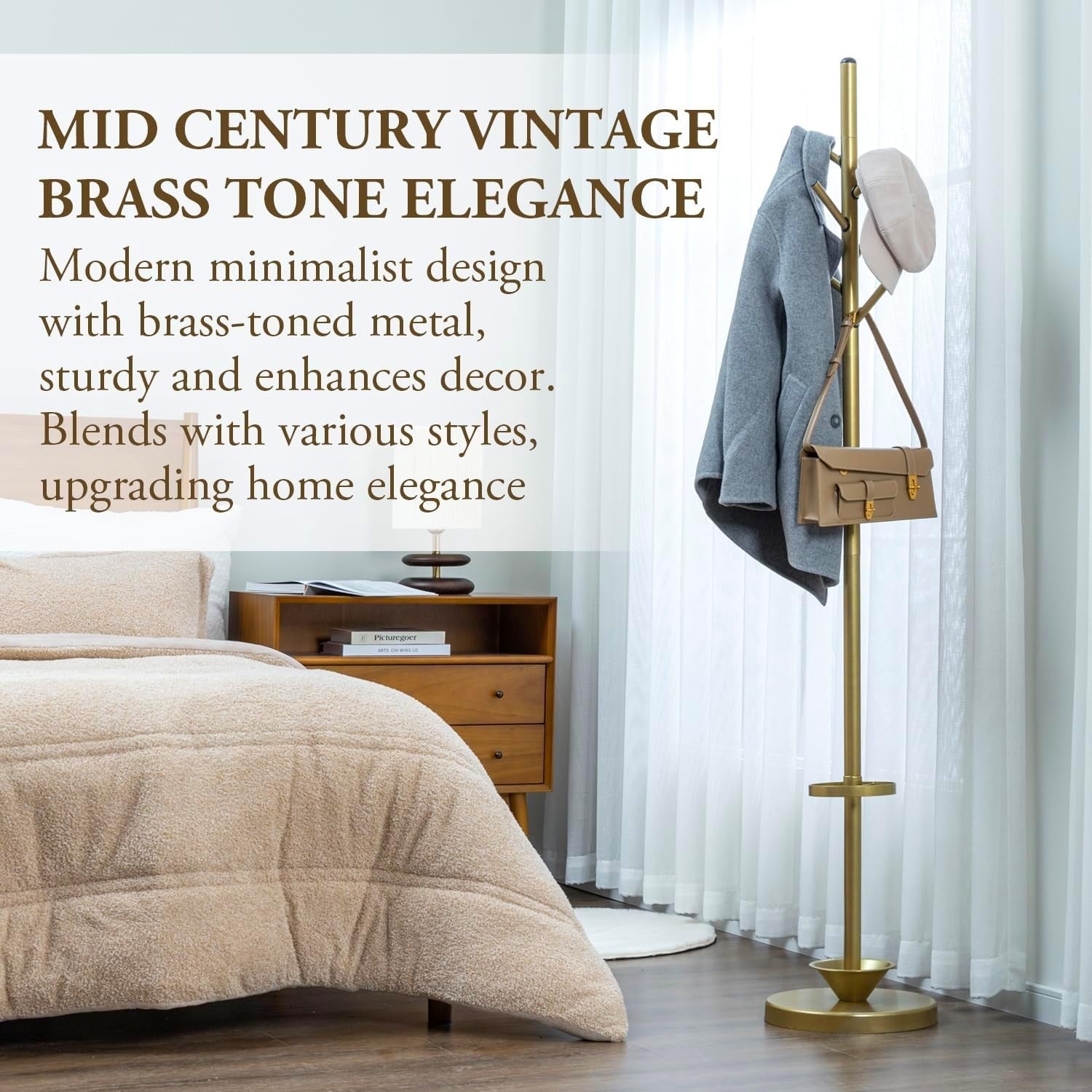 Modern Brass Metal Coat Rack with Umbrella Holder | 6 Hook Hall Stand