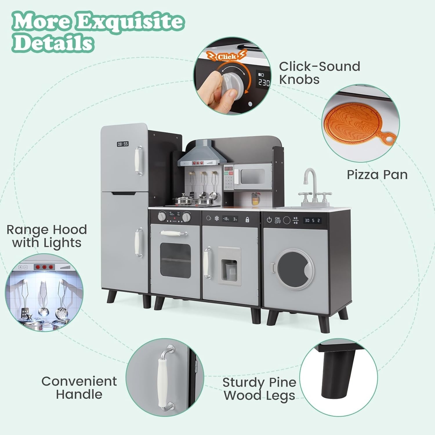 Large Wooden Kids Play Kitchen Set Light Sound Fridge Washer Brown