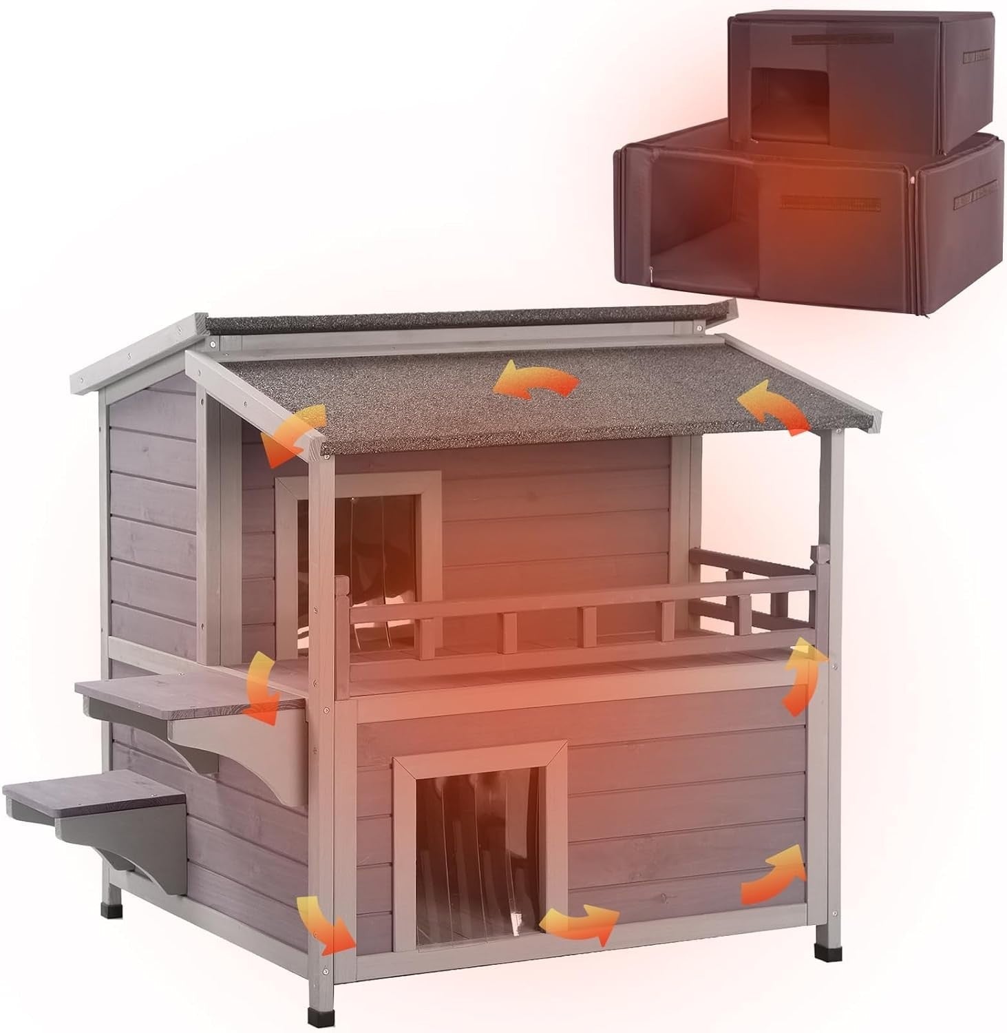 Insulated 2 Level Wooden Pet House Outdoor Indoor with Escape Doors 75x75x85cm.