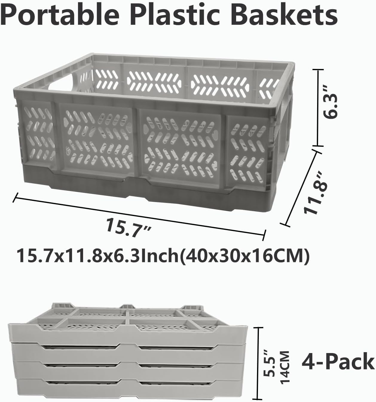 4 Pack 20L Foldable Storage Crates Stackable PP Boxes Grey