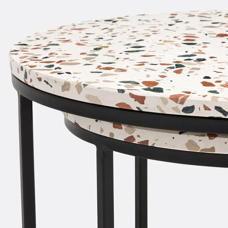 Set 2 Terrazzo Round Nesting Coffee Tables 70/50 cm Black Metal Base