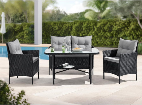 Outdoor Rattan Garden Furniture Set 4-Piece Sofa & Chairs with Cushions & Table