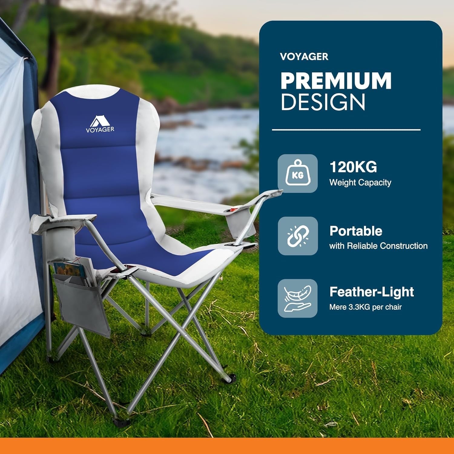 2x Folding Padded Camping Chairs Cup Holders Waterproof 120kg Heavy Duty