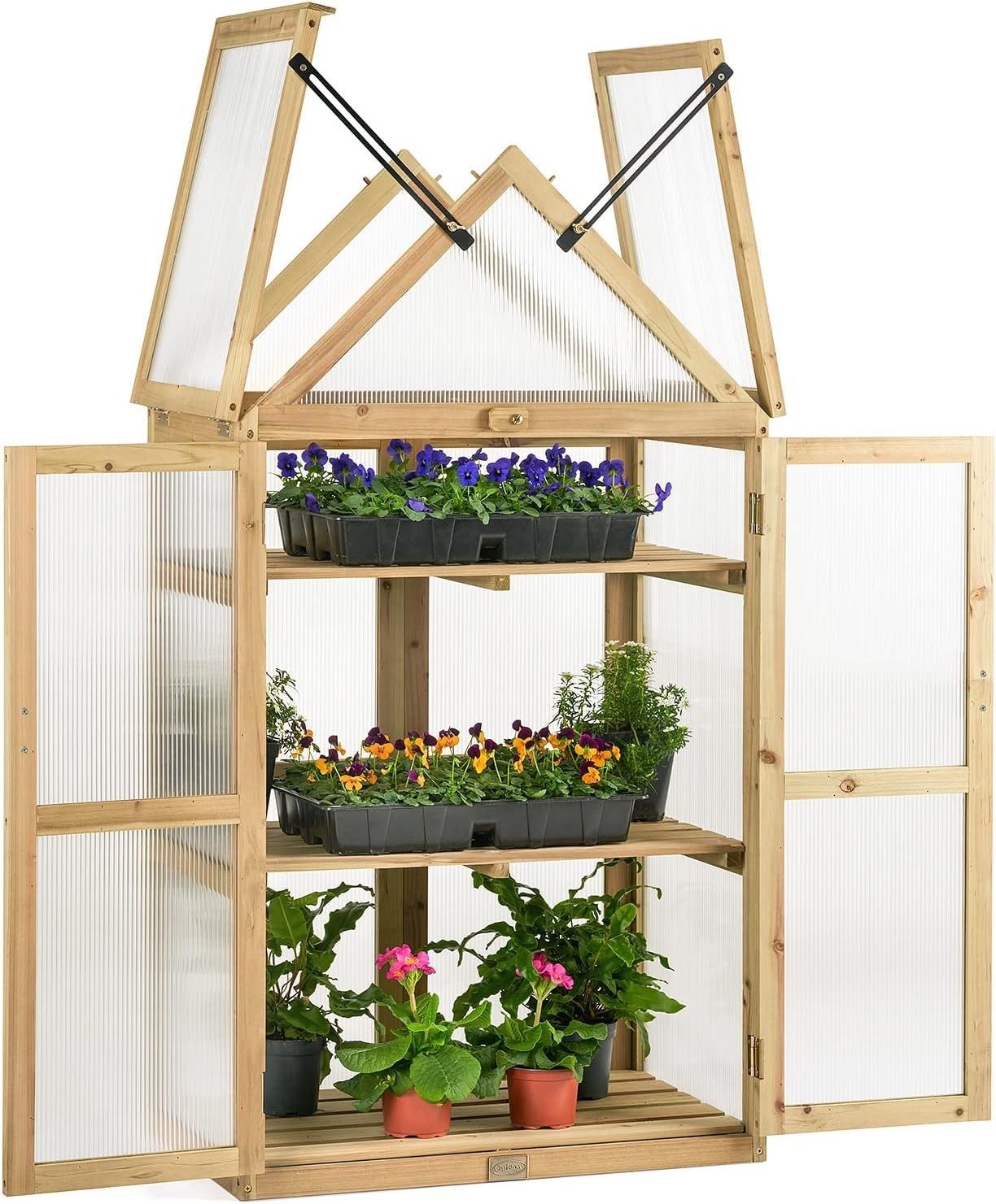Wooden Lean-To Greenhouse Cold Frame | Natural Wood Polycarbonate Growhouse
