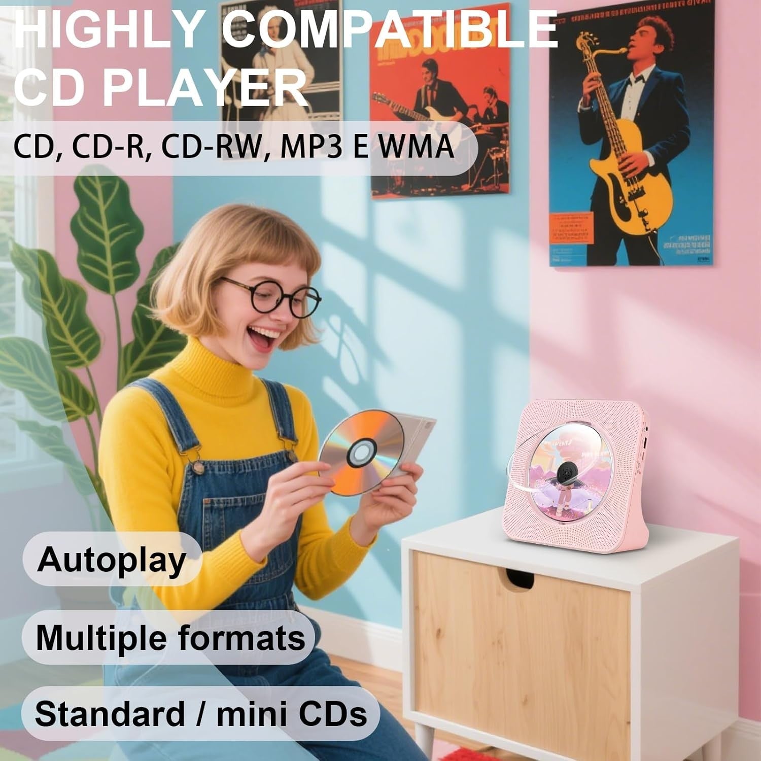Pink Bluetooth CD Player FM Radio USB AUX Boombox Remote Sleep Timer