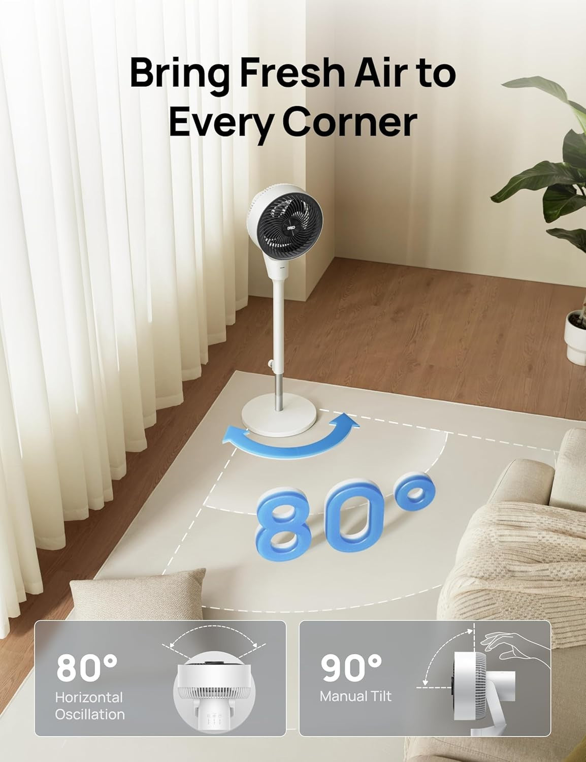 80ft Electric Standing Fan – 3-Speed Quiet Oscillating Pedestal w Remote Control