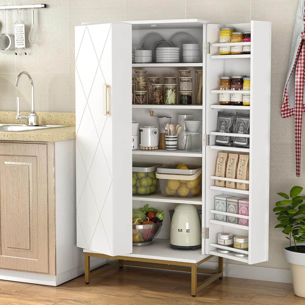 Luxury Gold Kitchen Cupboard 51” Freestanding Pantry Storage Cabinet