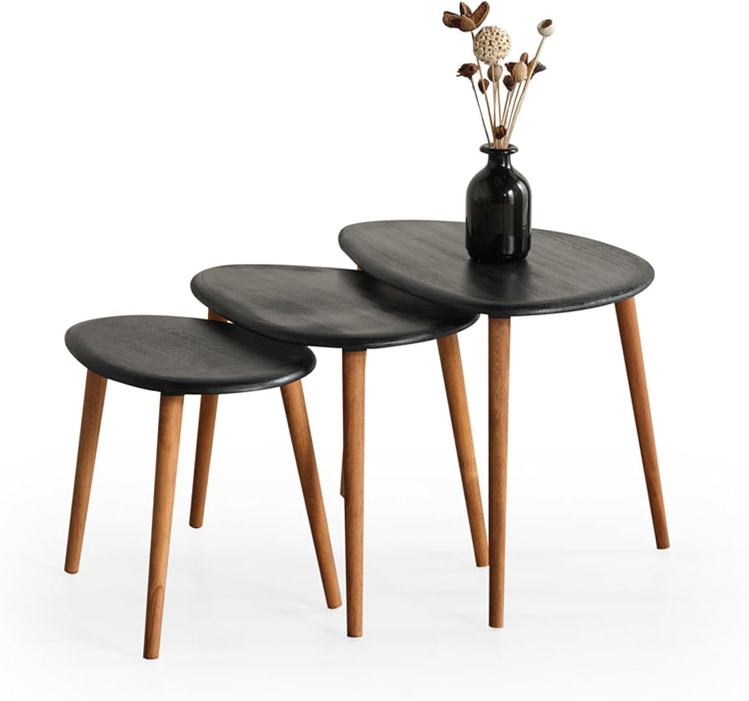 Black Wood Oval Nesting Coffee Side End Table Set of 3 Mid-Century Modern