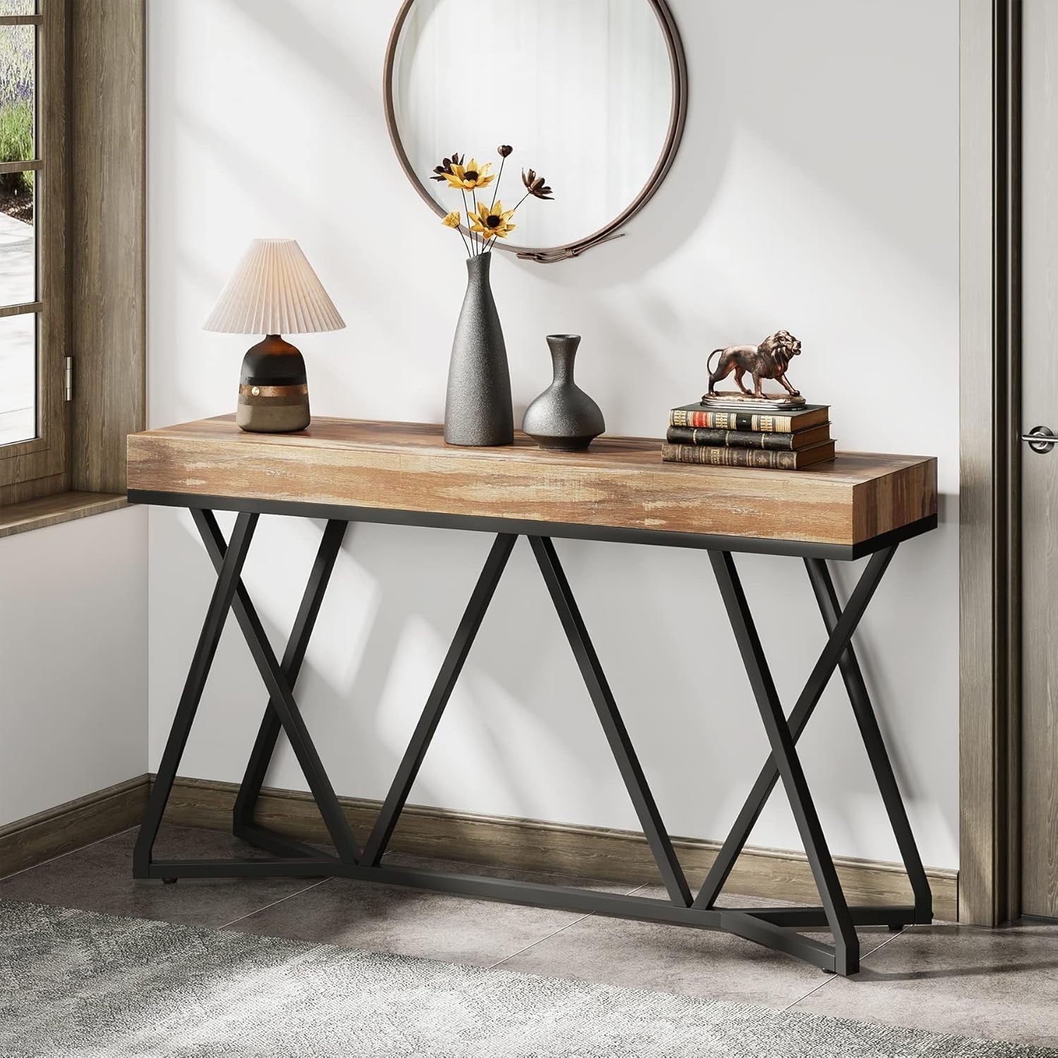 Stylish 55" Farmhouse Console Table with Metal Base – Sturdy & Versatile