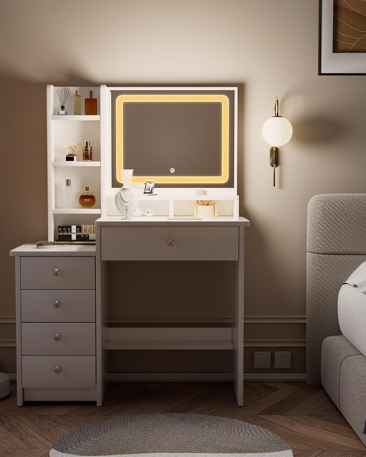 Makeup Vanity Table Mirror LED Lights 5 Drawers Dressing Desk Storage White New