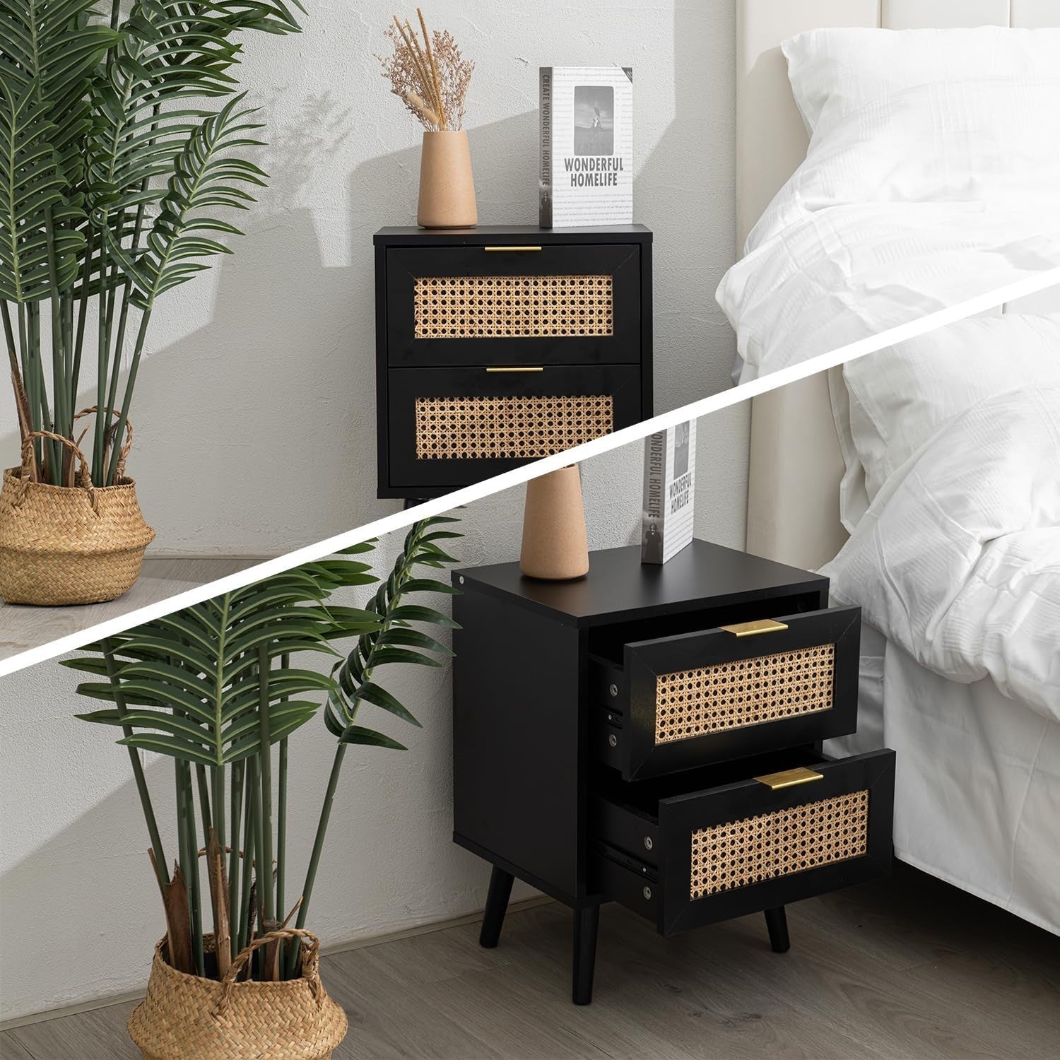 Modern Black Rattan Bedside Table with 2 Drawers Wooden Nightstand