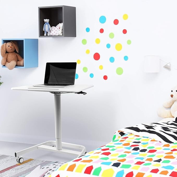 Mobile Sit Stand Desk on Wheels Adjustable Laptop Table Ergonomic White