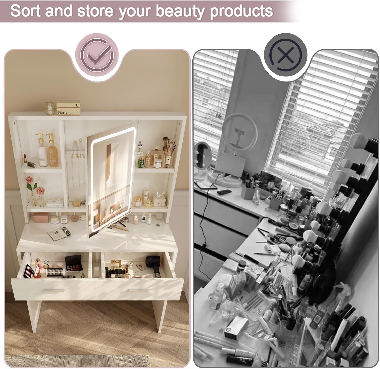 White Dressing Table Set with Lighted Mirror Desk Storage Drawers Modern Makeup
