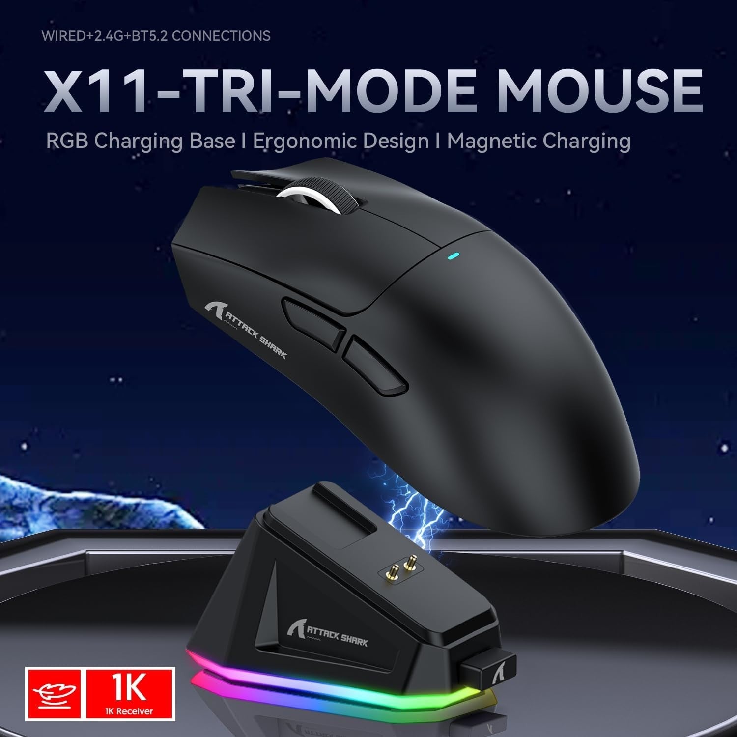 Wireless Gaming Mouse 22000 DPI RGB Dock BT 2.4G USB Black