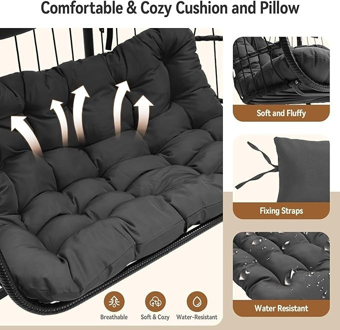 2 Seater Hanging Egg Chair with Stand – Foldable Rattan Hammock Set