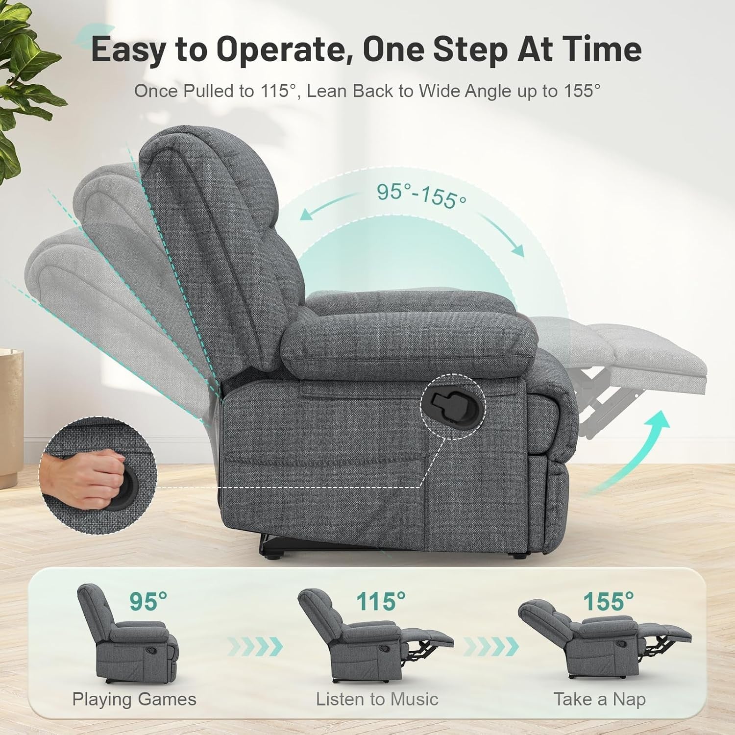 Grey Recliner Armchair Massage Heat Sofa Chair Adjustable Backrest Legrest