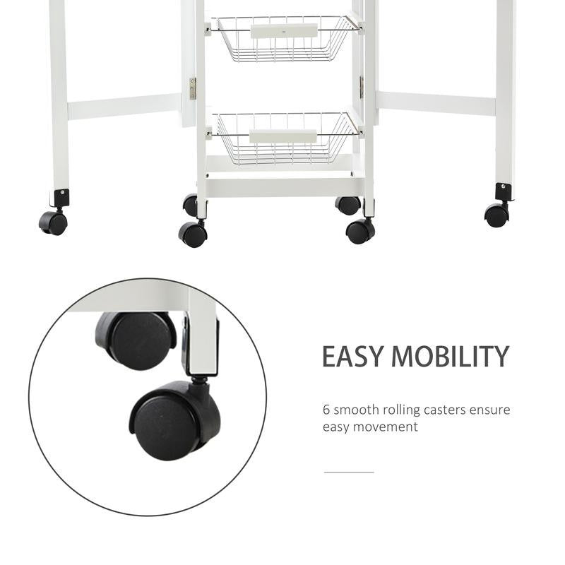 Drop Leaf Kitchen Trolley Cart with Baskets Drawer & Wheels Oak White