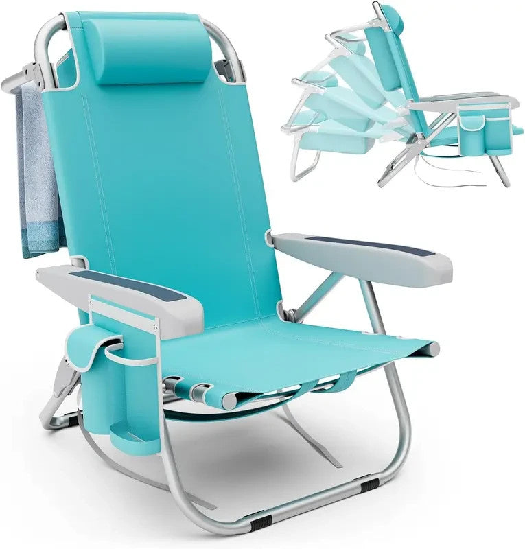 Folding Backpack Beach Chair 5-Position Recliner W/ Towel Rack