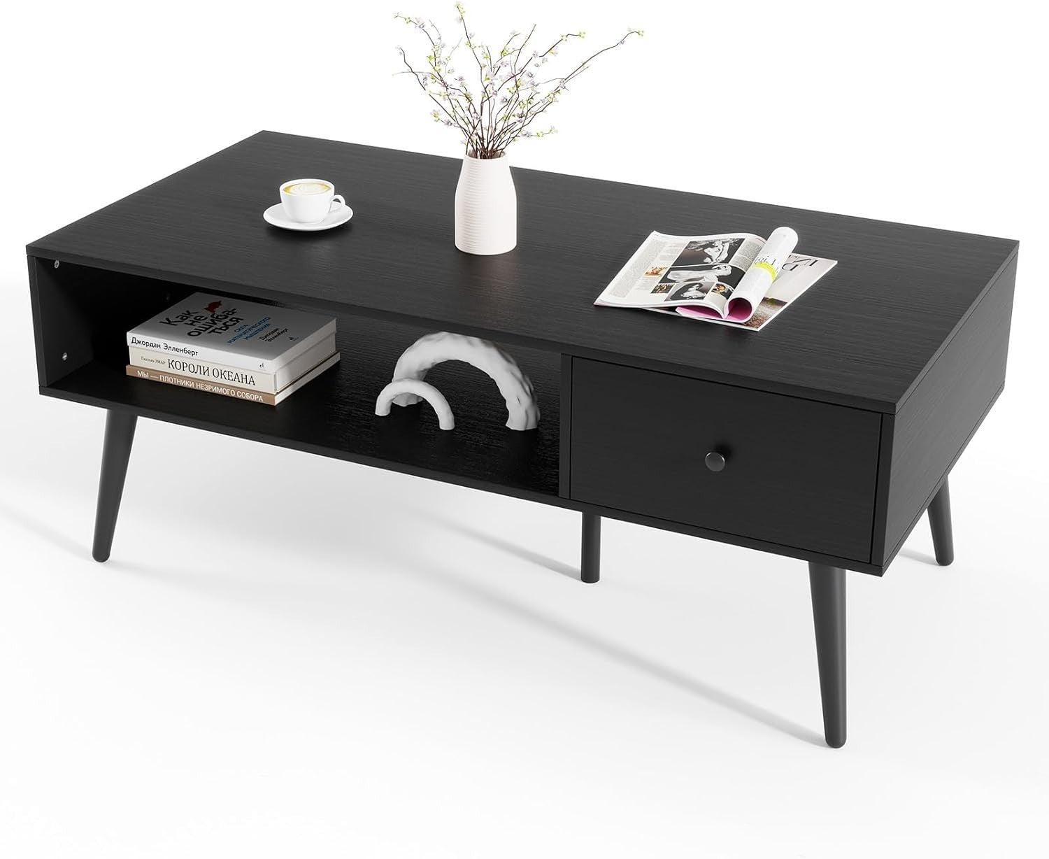 Rectangular Coffee Table with Drawer & Storage Shelf – 109x55x42 cm Black