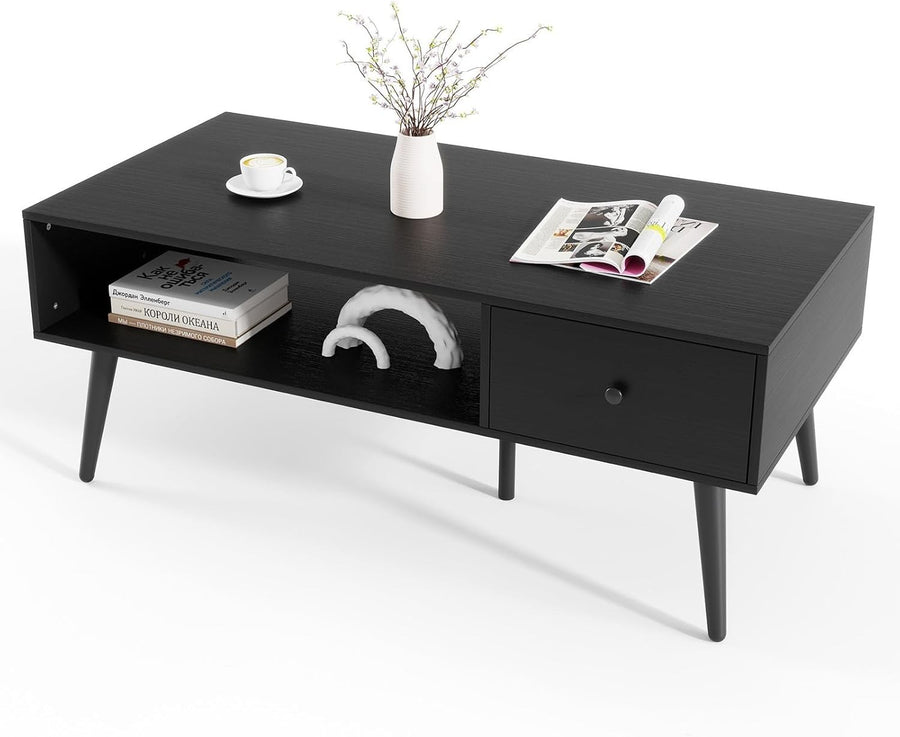 Rectangular Coffee Table with Drawer & Storage Shelf – 109x55x42 cm Black