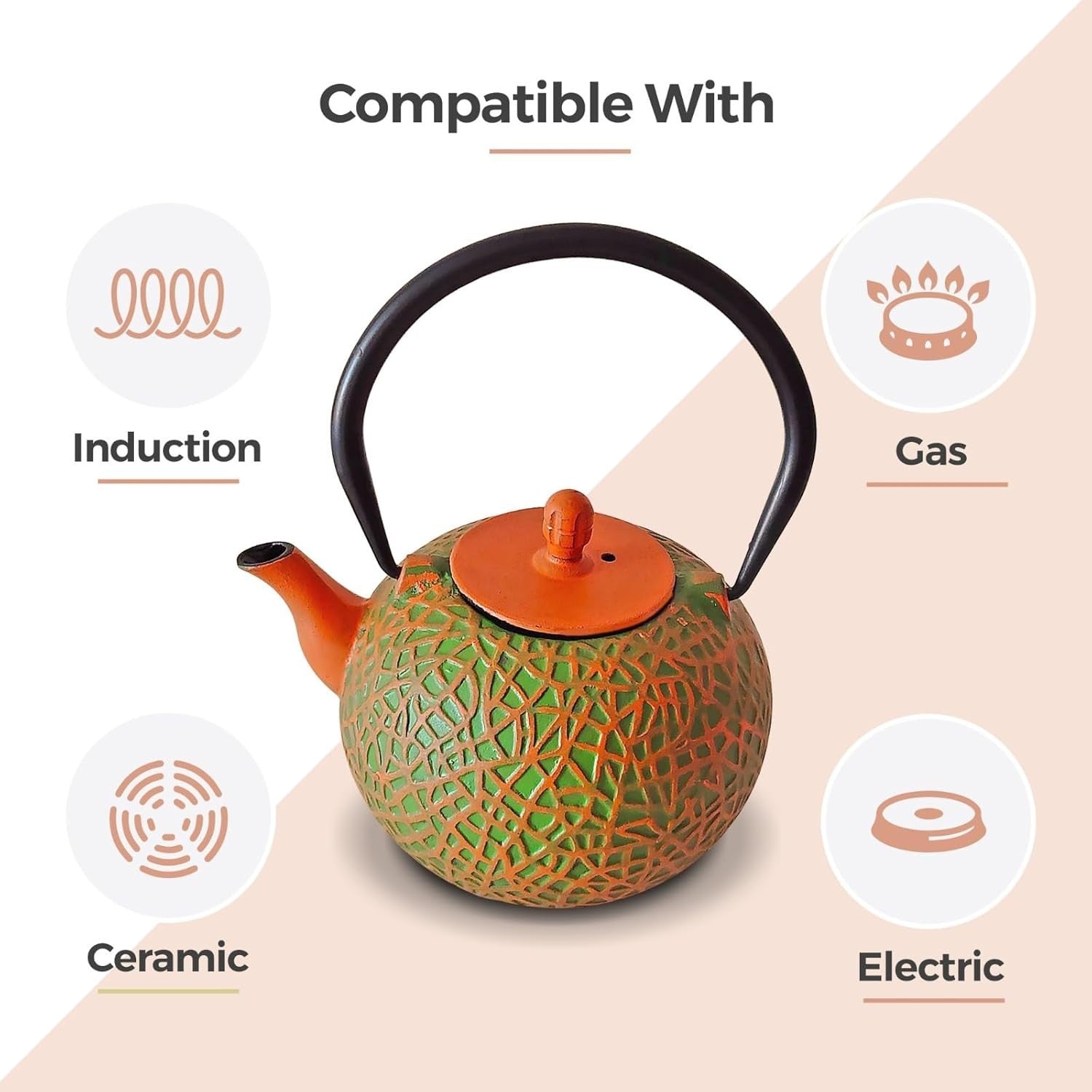 Cast Iron Teapot 800ml Tetsubin Tea Pot w/ Infuser Orange Green