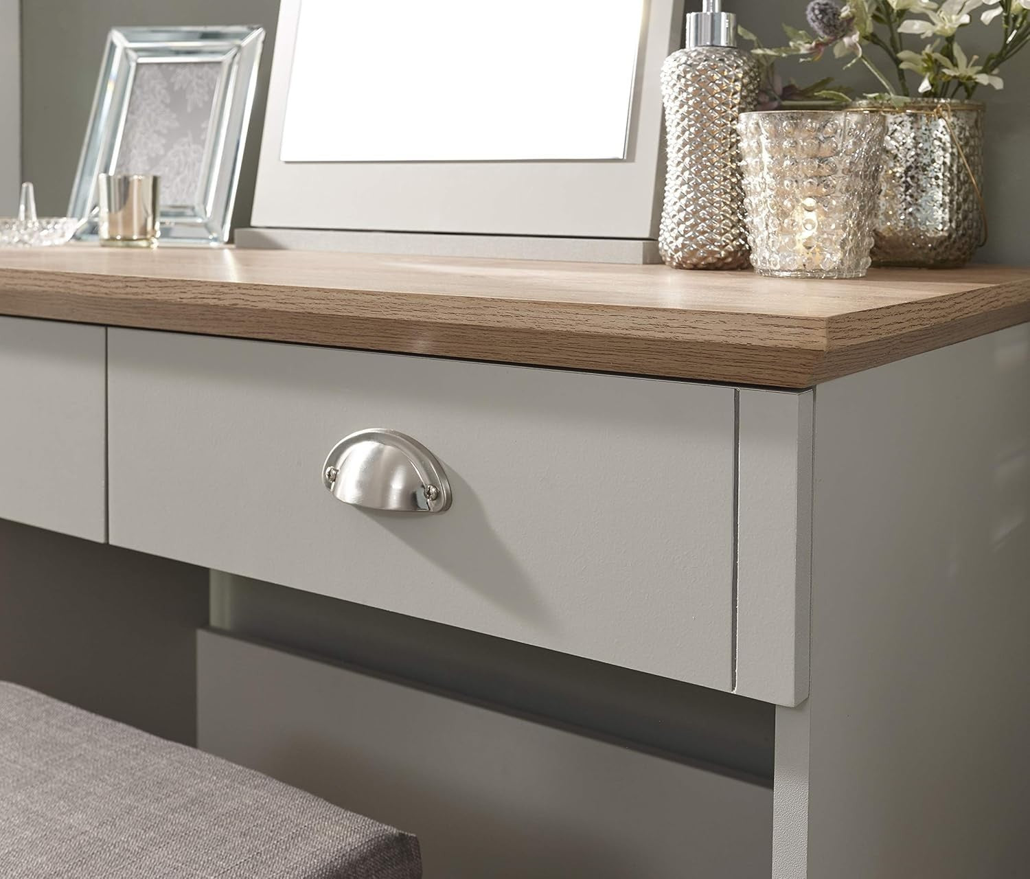 Grey Modern Vanity Dressing Table Set Mirror Stool 2 Drawers Bedroom Furniture