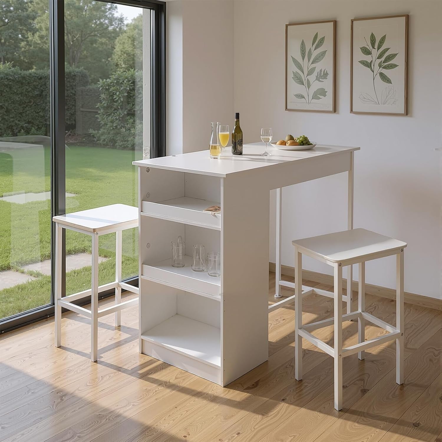 Compact Bar Table & 2 Stools Set with 3-Tier Storage White 91x49.5cm