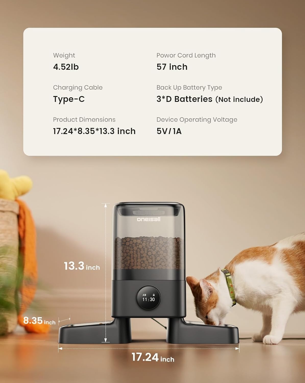 Automatic Cat Feeder for 2 Cats 5L Timed Food Dispenser Dual Bowl