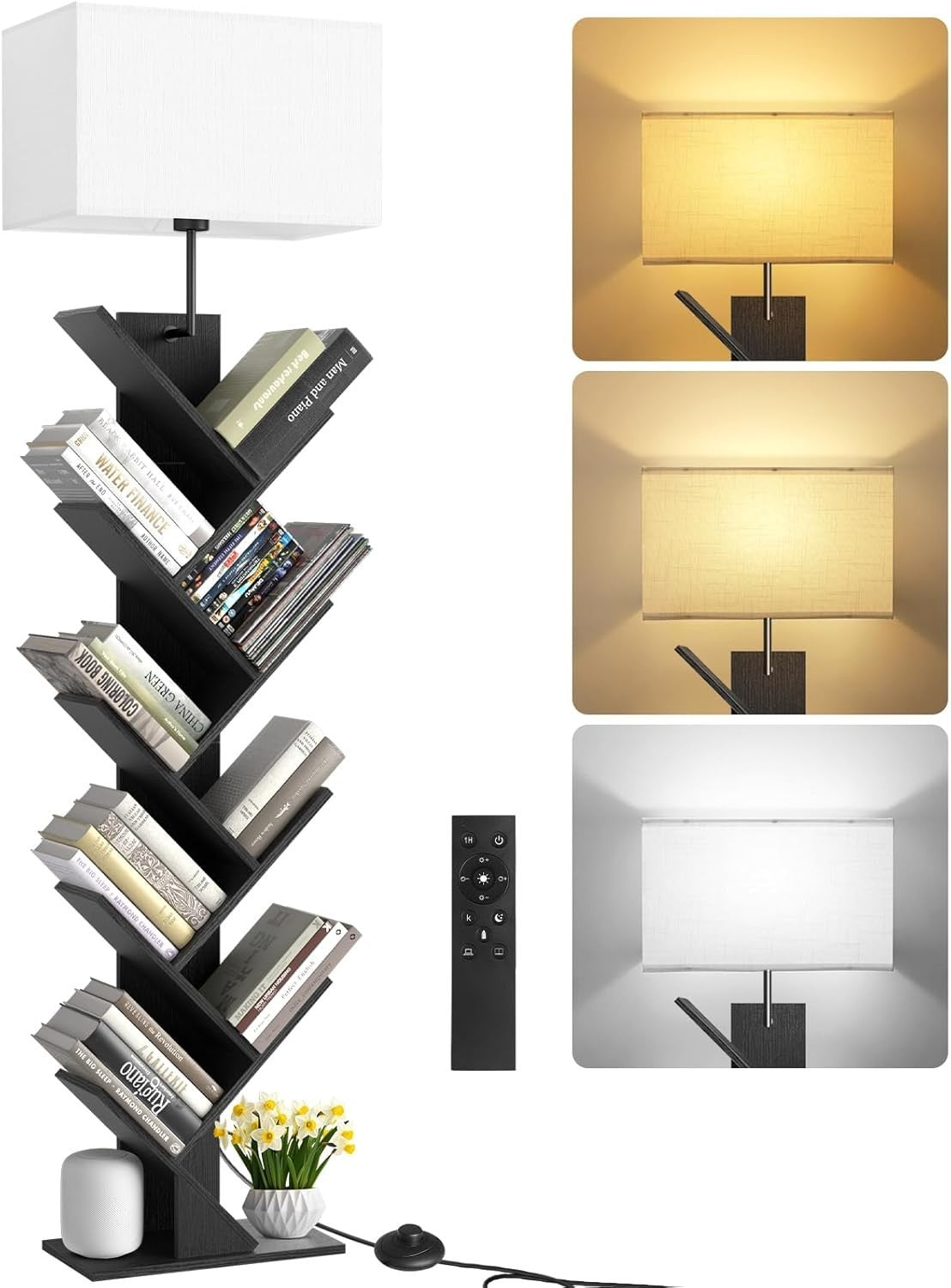 9 Tier Tree Bookshelf with LED Lamp Remote Black  Tall Narrow Shelf