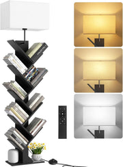 9 Tier Tree Bookshelf with LED Lamp Remote Black  Tall Narrow Shelf