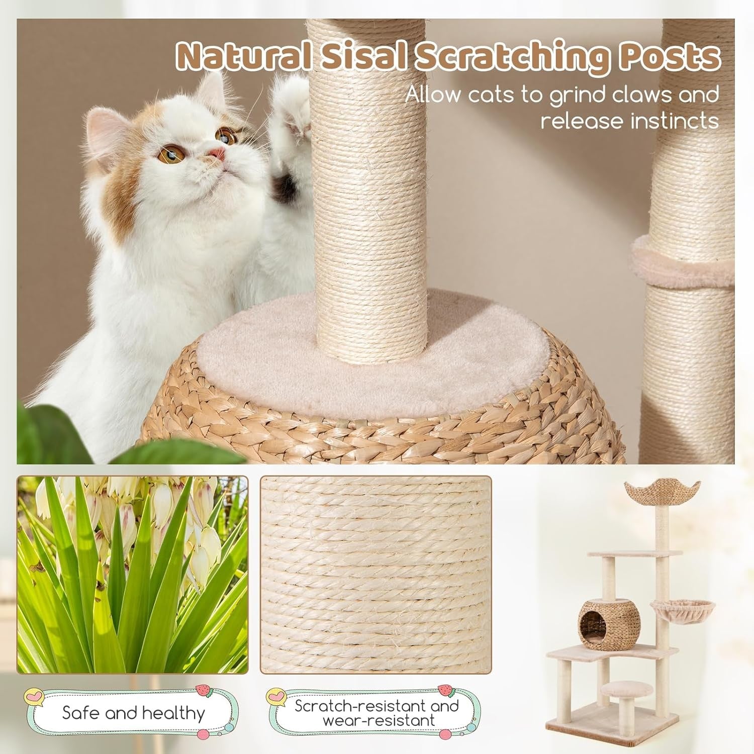 150cm Cat Tree Wicker Condo Hammock Sisal Scratching Tower Beige Indoor