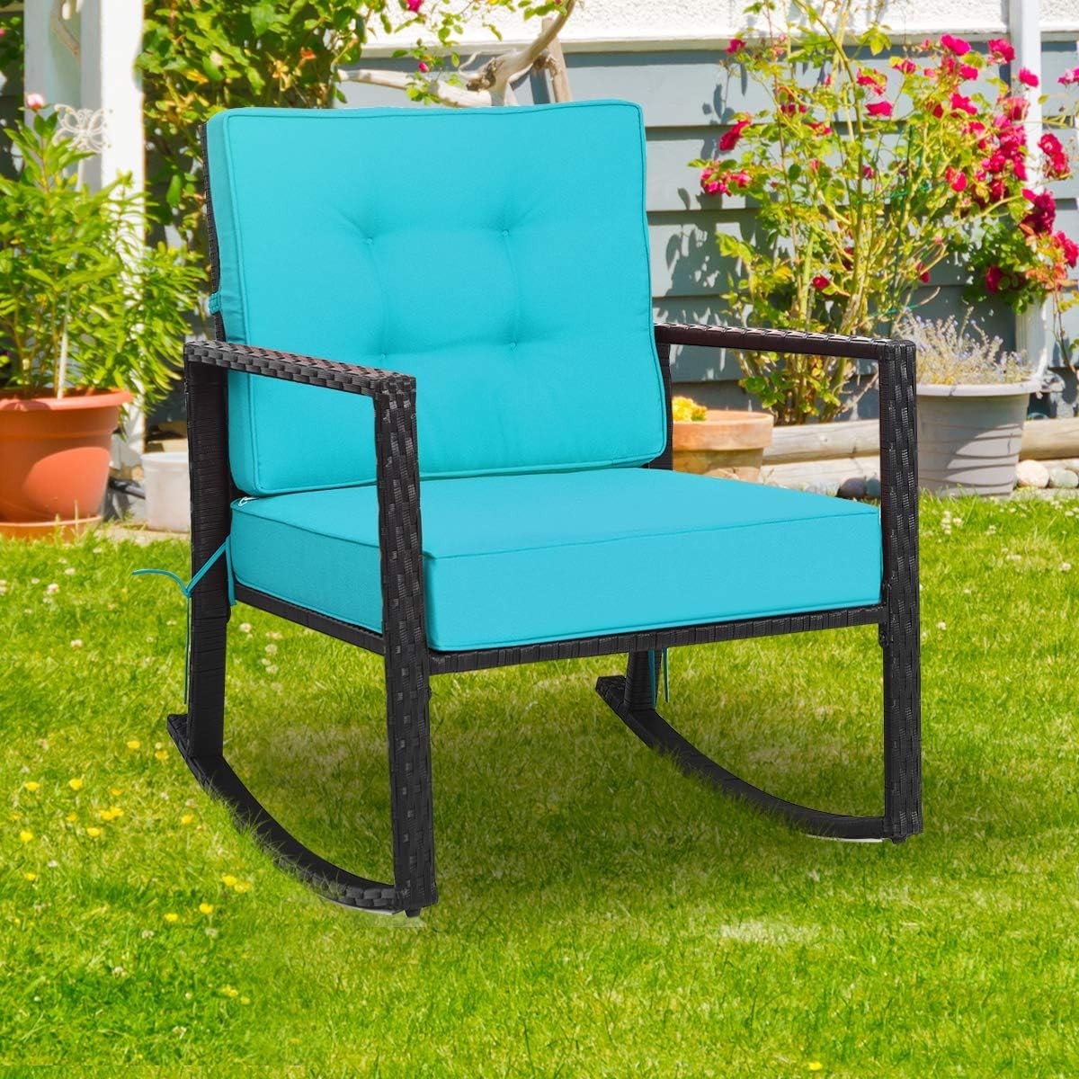 Outdoor Turquoise Rocking Chair with Cushions & Armrests Patio Glider