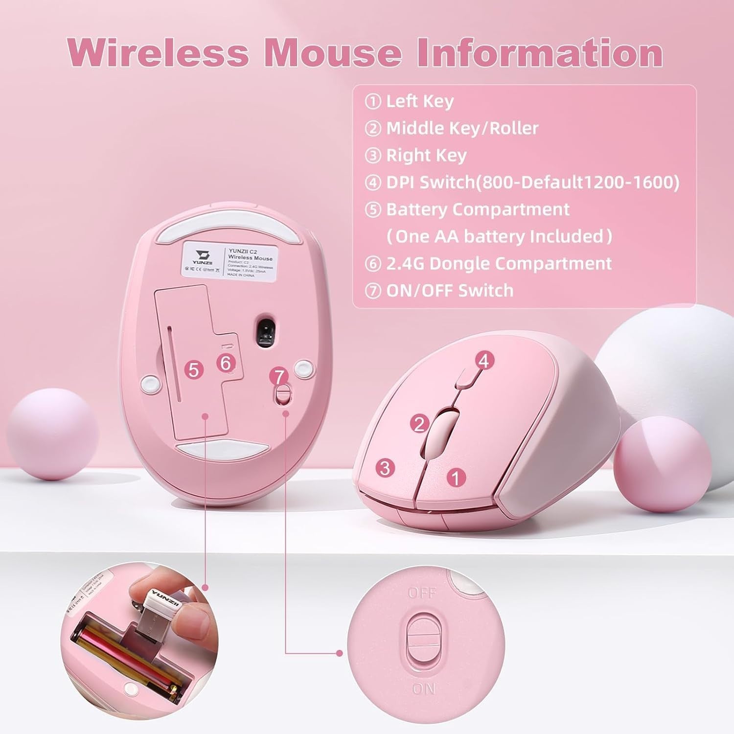 Silent Wireless Mouse 2.4GHz 1600 DPI Portable Cute Pink Laptop PC