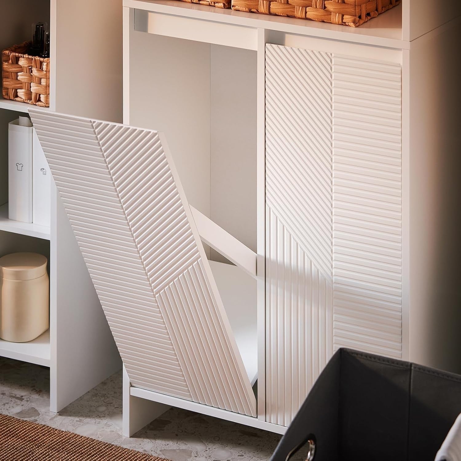 Tall Bathroom Storage Cabinet with Laundry Basket Slim White Unit Shelves 171cm